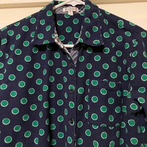 Insomniax long sleeve, navy flannel shirt w/green polka dots, size M